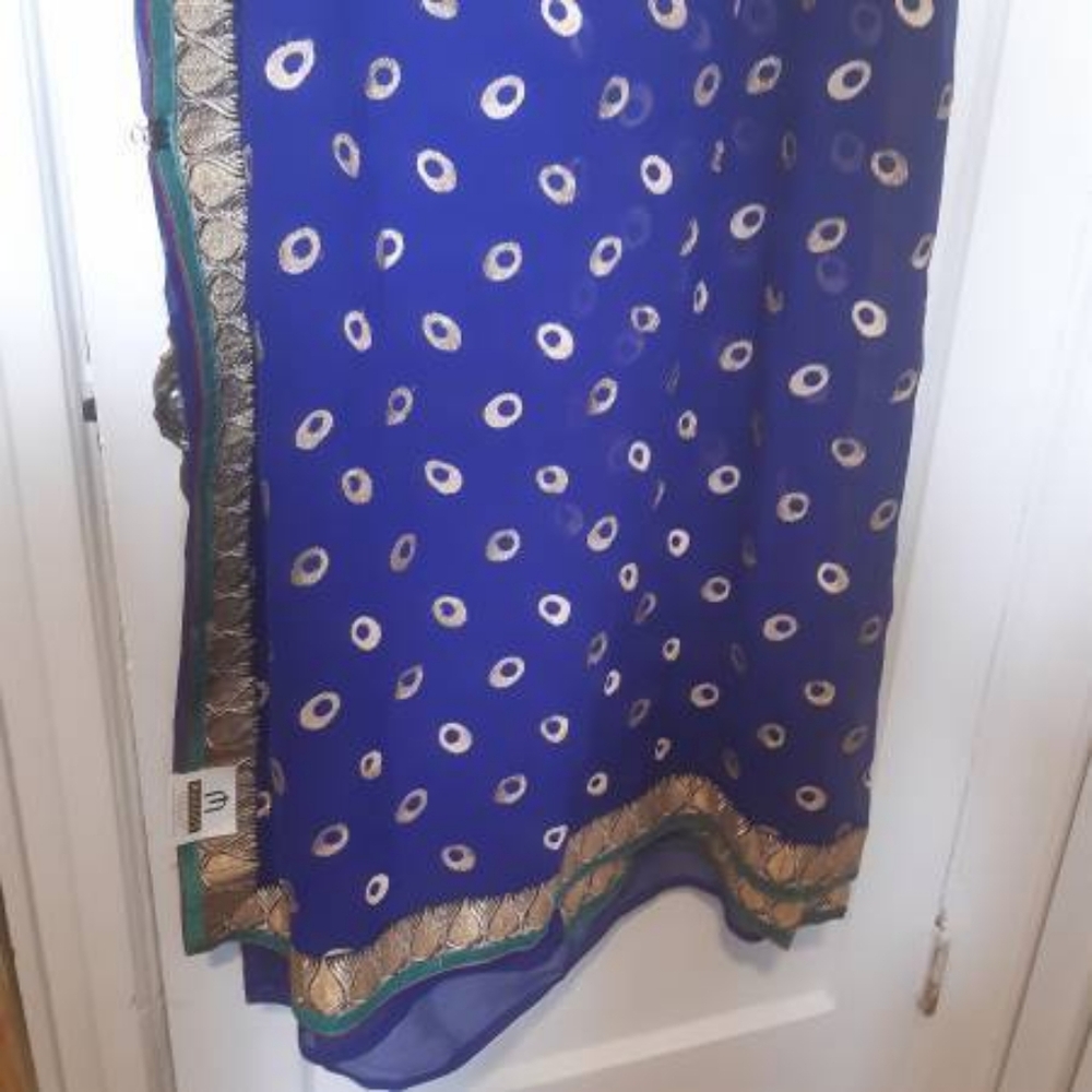 Elegant Royal Blue Gold Embellished Saree Sari Fabric
